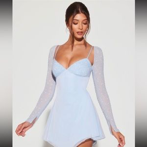 Embellished Long Sleeve Angled Hem Blue Mini Dress